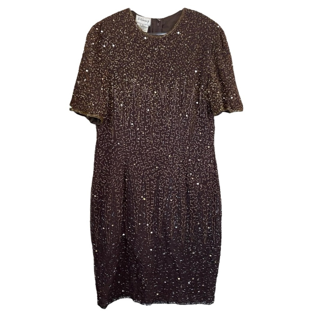 Vtg Stenay Silk Beaded Sequined Cocktail Evening Dress Brown Gold Size M